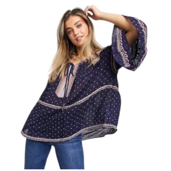 Free People Talia Embroidered Blouse Navy Size Small Boho Top Festival Flowy - Picture 2 of 13